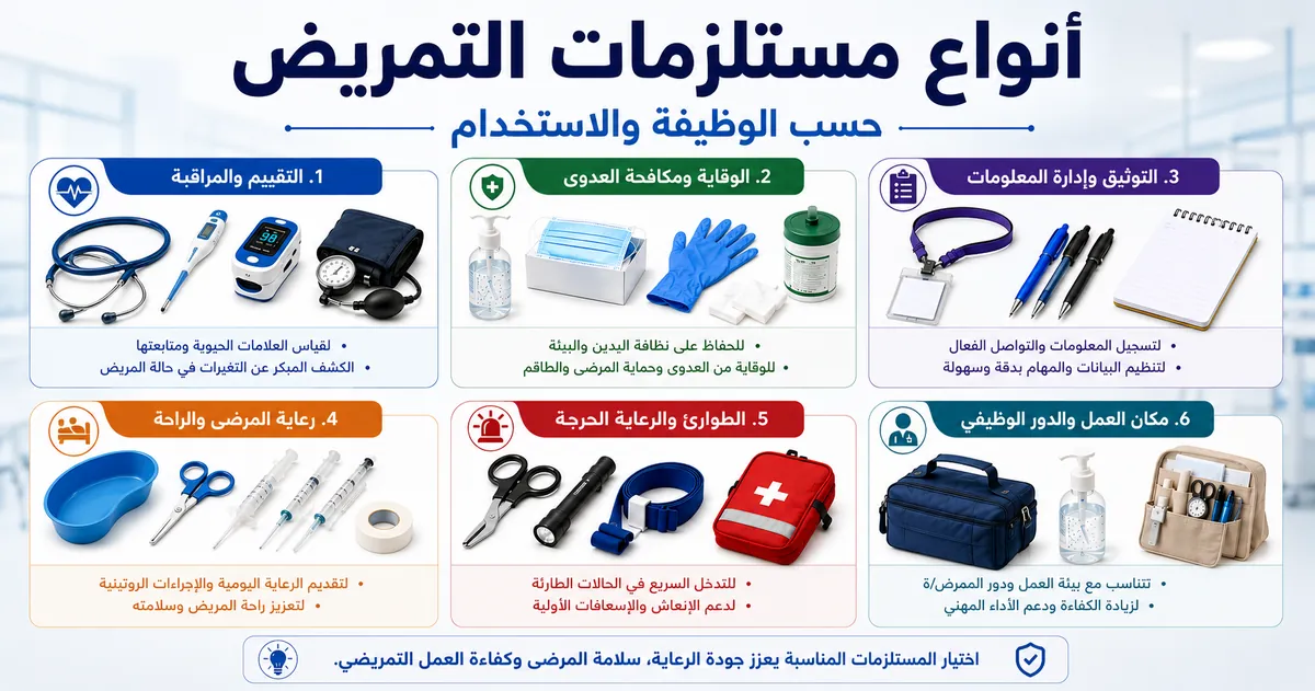 أنواع مستلزمات التمريض مفصولة حسب الوظيفة والاستخدام والدور في بيئة العمل