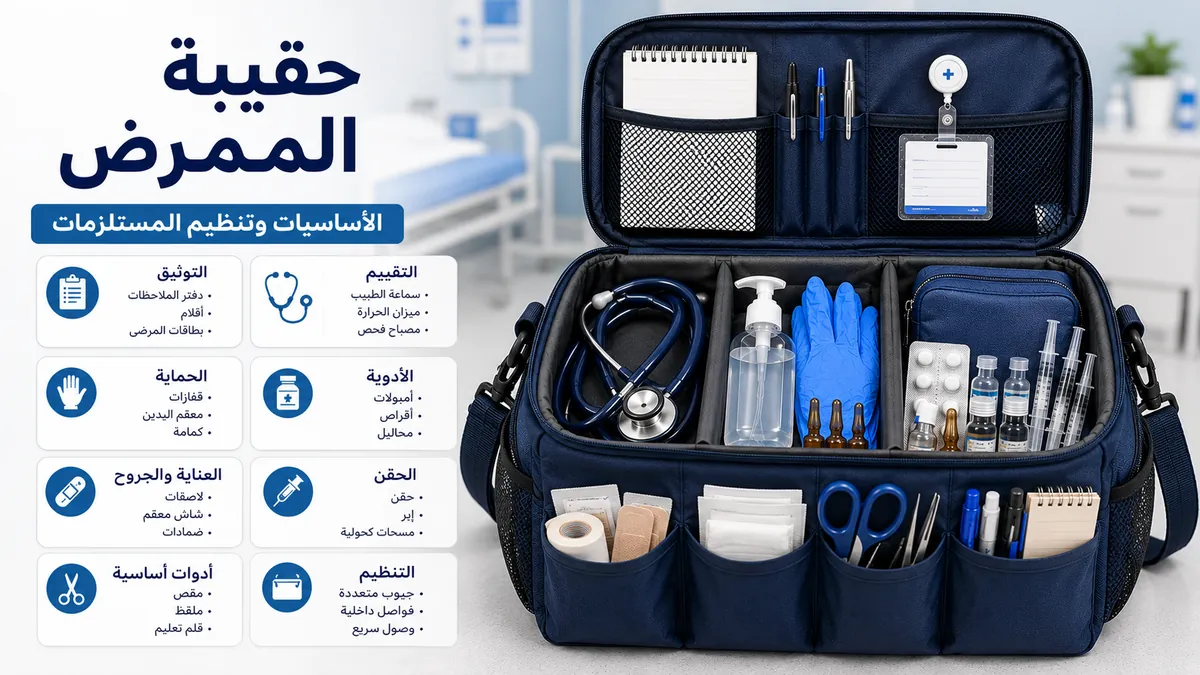 أساسيات حقيبة الممرض مرتبة في أقسام للوصول السريع أثناء المناوبات
