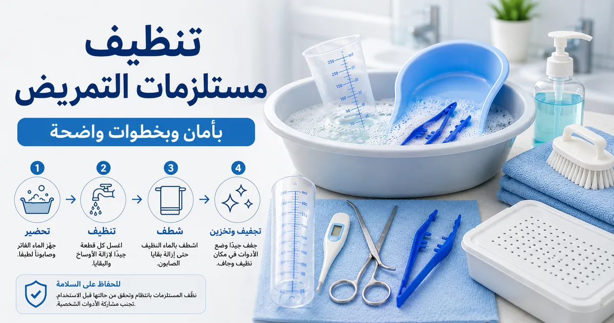 تنظيف مستلزمات التمريض بأمان باستخدام أدوات قابلة للغسل وقطع صيانة مرتبة