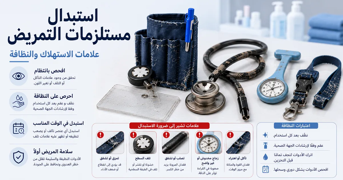 مستلزمات تمريض مستهلكة مع علامات الاستبدال واعتبارات النظافة