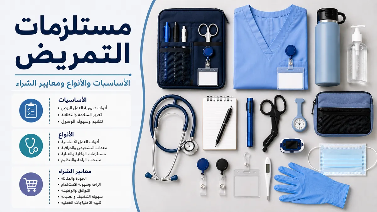 مستلزمات تمريض مرتبة تشمل أساسيات العمل والأدوات والقطع المستخدمة يوميًا
