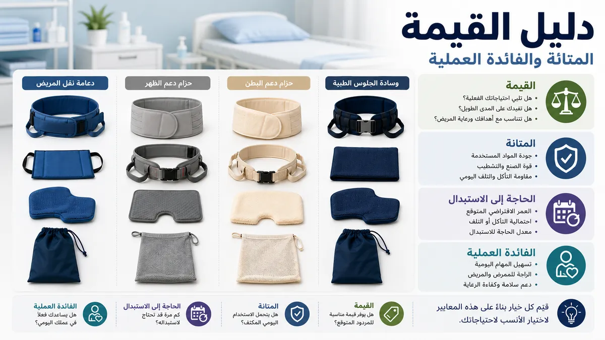 مستلزمات تمريض مقيّمة حسب القيمة والمتانة والحاجة إلى الاستبدال والفائدة العملية