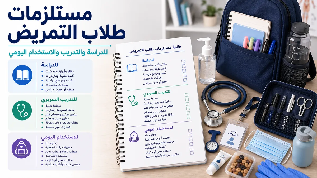 قائمة مستلزمات لطلاب التمريض تضم أدوات الدراسة والتدريب السريري والاستخدام اليومي
