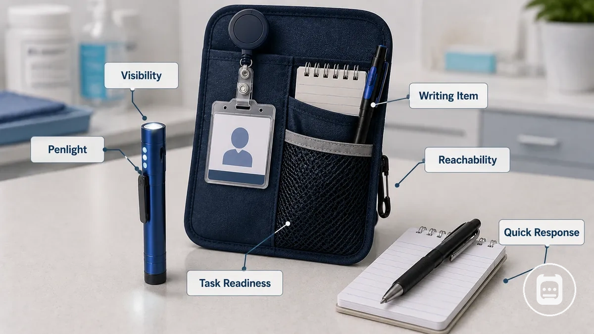 Stiftlampe und erreichbare Schreibgeräte angeordnet für Bewertungsvorbereitung und Schnellreaktionsunterstützung