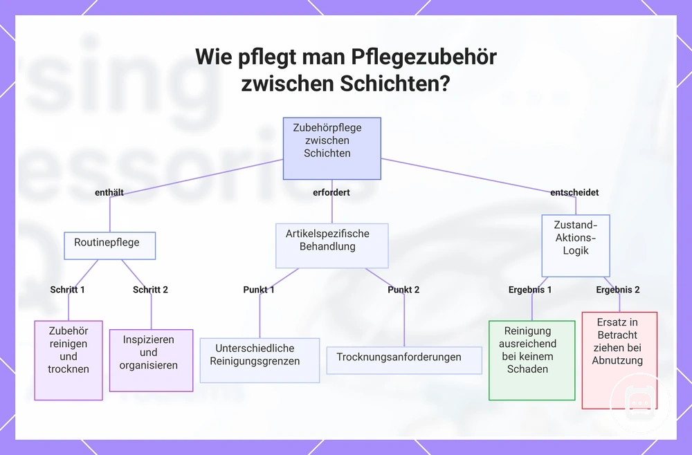 Wie pflegt man Pflegezubehör zwischen Schichten?