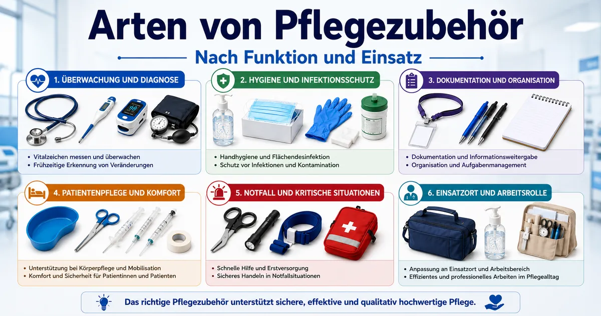 Arten von Pflegezubehör getrennt nach Funktion, Einsatz und Rolle im Arbeitsalltag