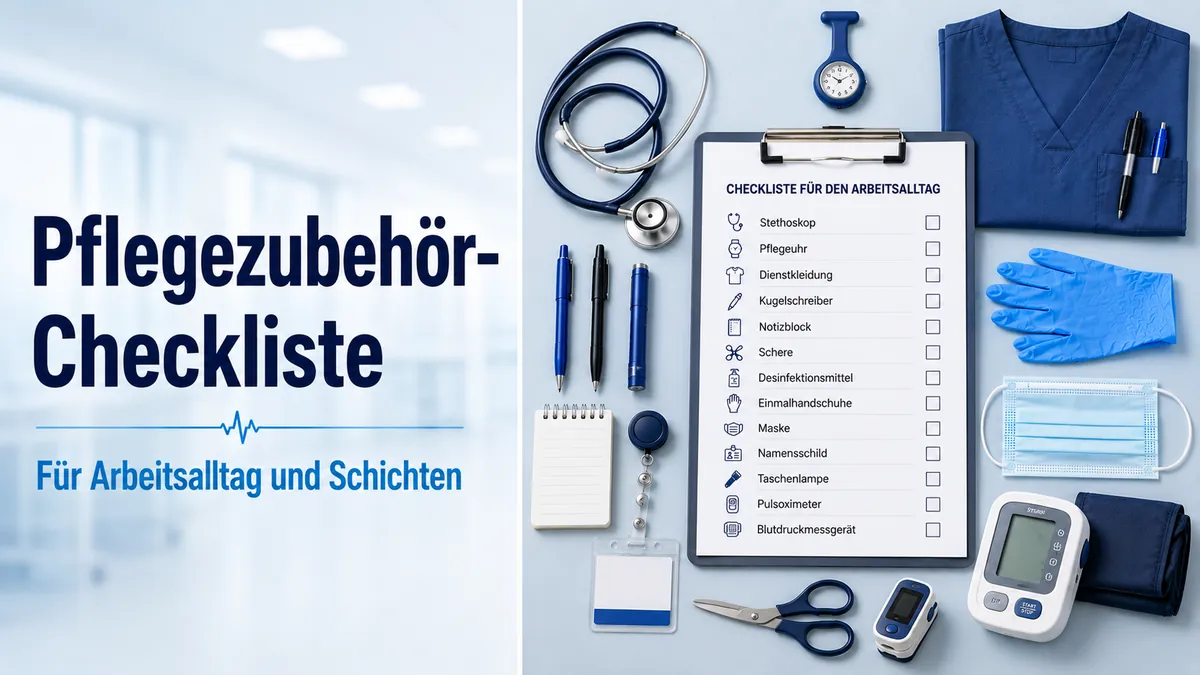 Checkliste mit zentralem Pflegezubehör für den Arbeitsalltag und die Vorbereitung auf Schichten