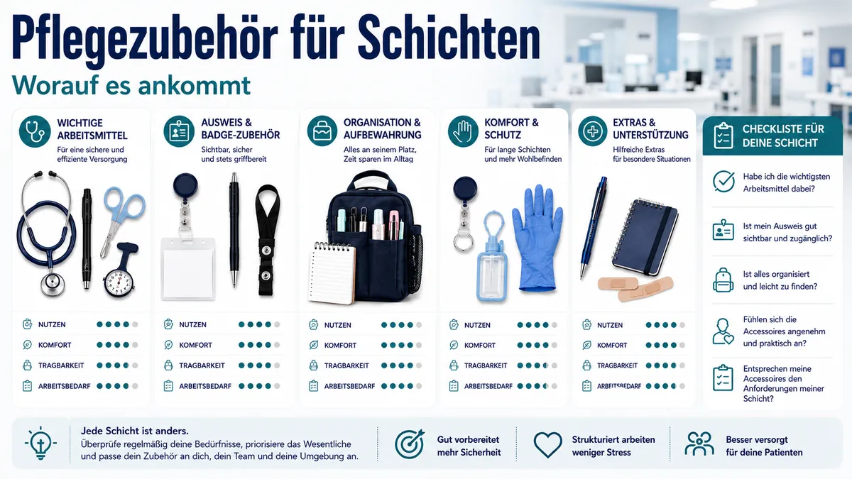 Pflegezubehör für eine Arbeitsschicht mit Werkzeugen, Ausweishaltern und Organisationshilfen