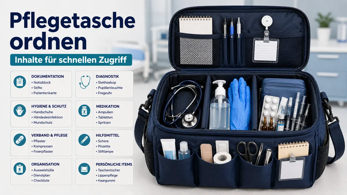 Zentrale Inhalte einer Pflegetasche in Fächern geordnet für schnellen Zugriff während der Schicht