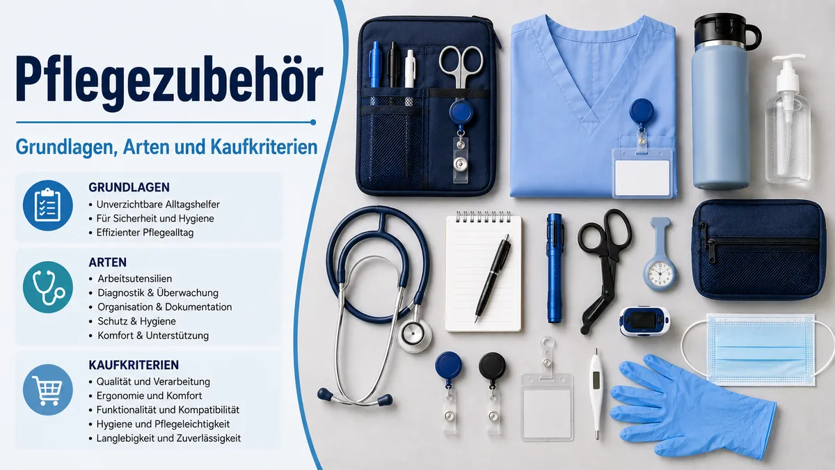 Geordnetes Pflegezubehör mit Arbeitsutensilien, Werkzeugen und Artikeln für den täglichen Einsatz