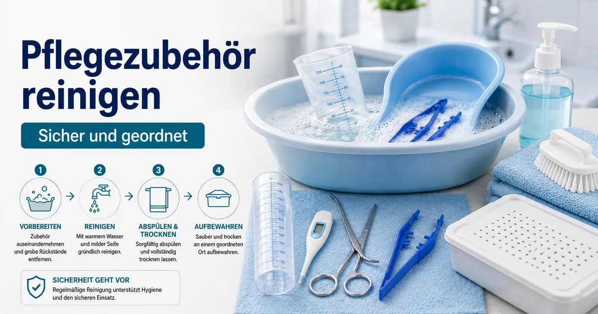 Sichere Reinigung von Pflegezubehör mit waschbaren Werkzeugen und geordneten Pflegeartikeln