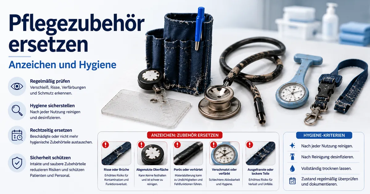 Abgenutztes Pflegezubehör mit Ersatzanzeichen und Hygienekriterien