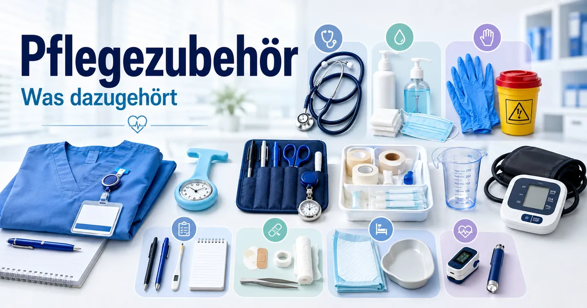 Verschiedenes Pflegezubehör nach Funktion gruppiert, um Arbeitsutensilien in der Pflege zu erklären