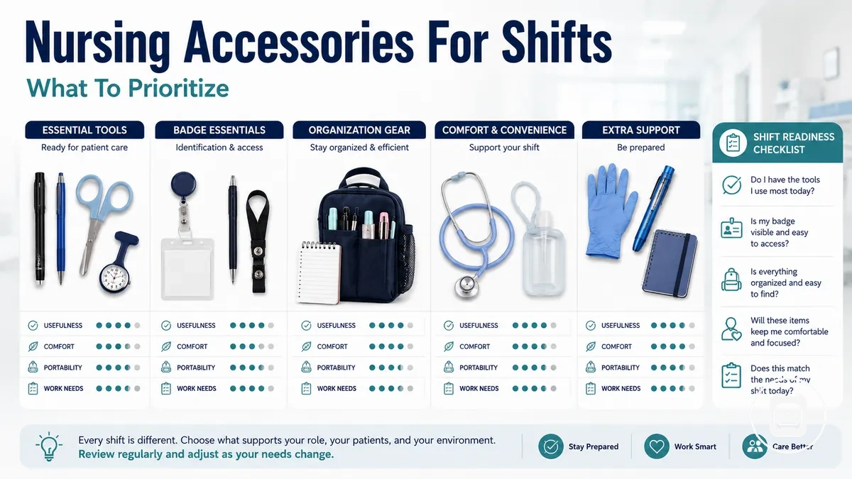 Nursing accessories prepared for a work shift with tools, badge items, and organization gear
