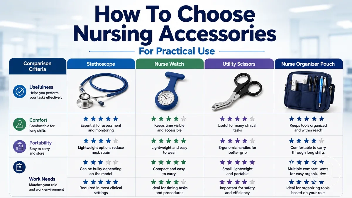 Practical nursing accessories compared by usefulness, comfort, portability, and work needs