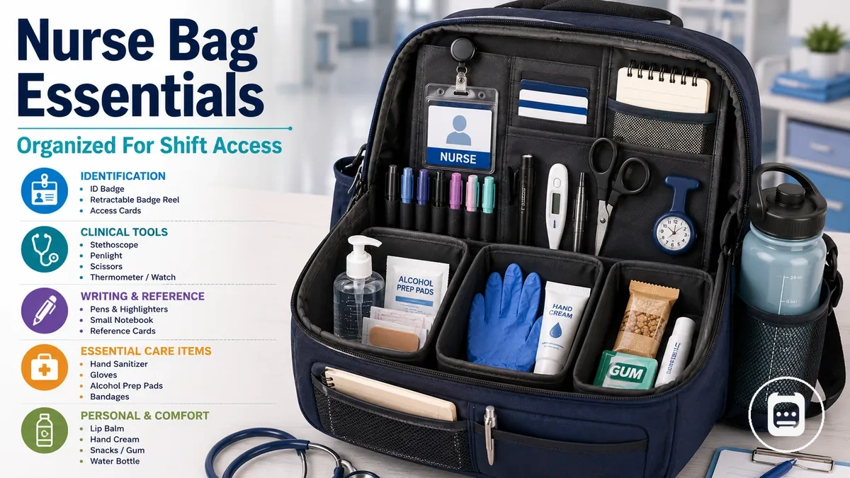 Nurse bag essentials organized into compartments for quick access during shifts
