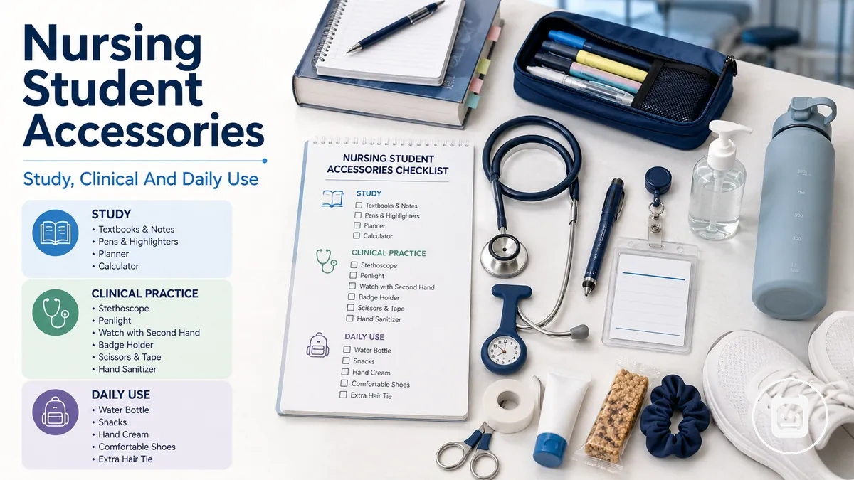 Nursing student accessories checklist with study, clinical, and daily practice items