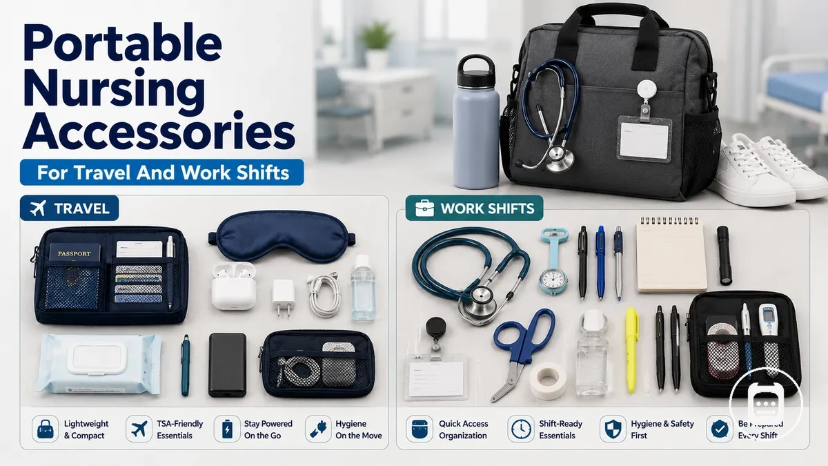 Portable nursing accessories packed for travel, commuting, and work shifts