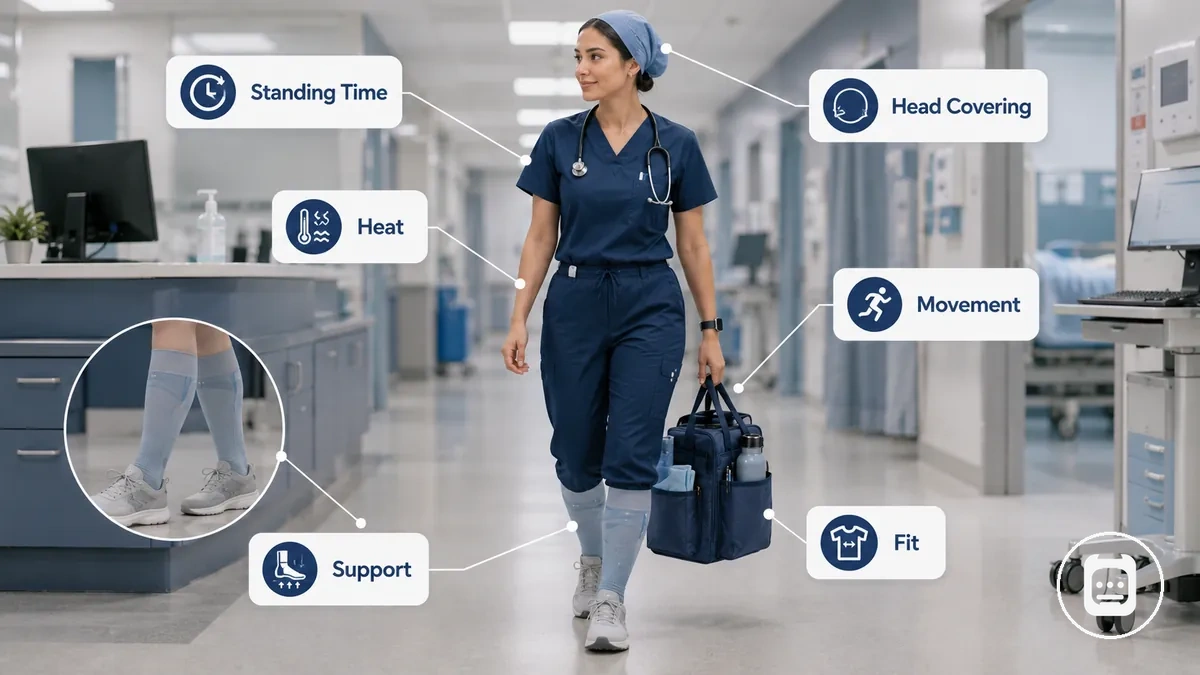 Long-shift comfort factors that shape accessory choice shown in a practical nursing shift context