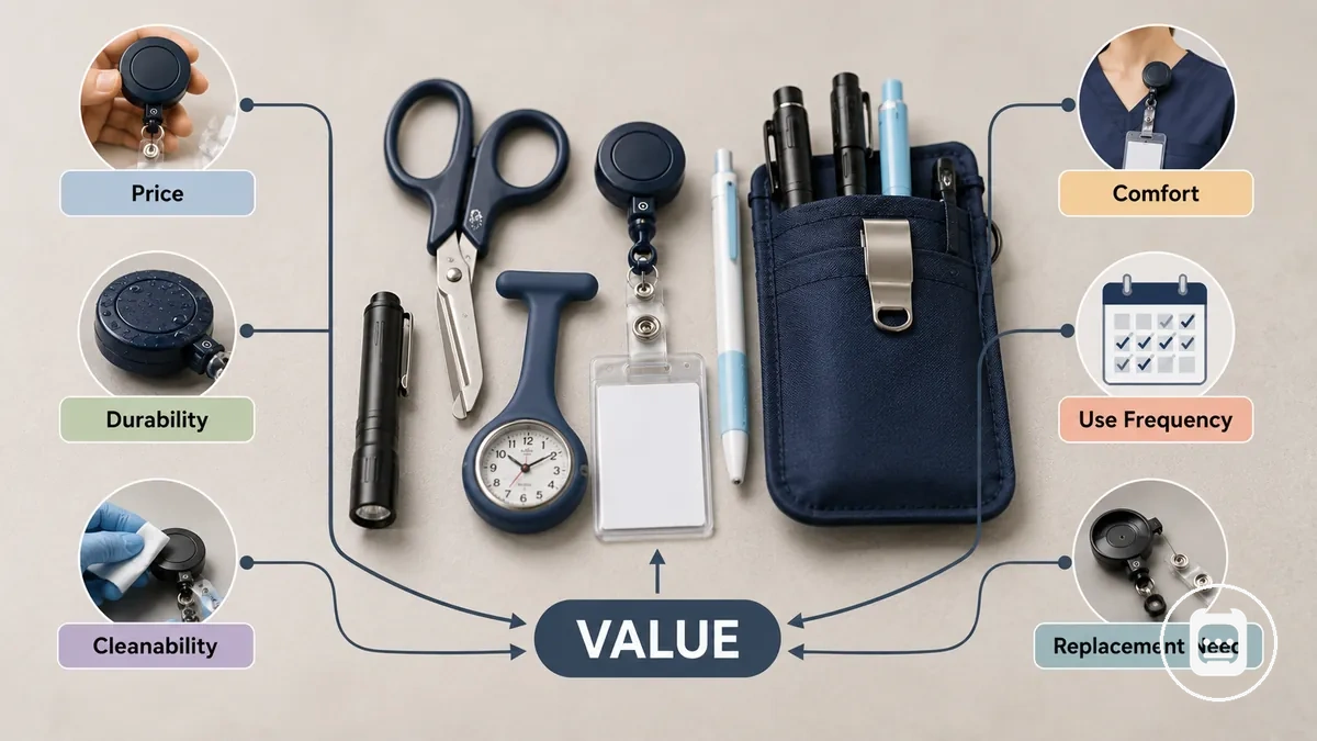 Nursing accessories labeled by price, durability, reuse, and replacement value