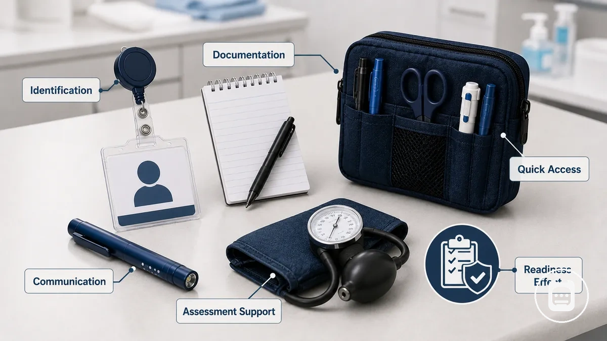 Clinical work functions supported by professional nursing accessories organized by task and readiness effect