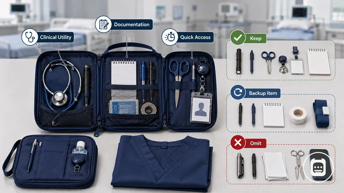 Daily-use nursing tools organized by function and access needs in an essentials kit