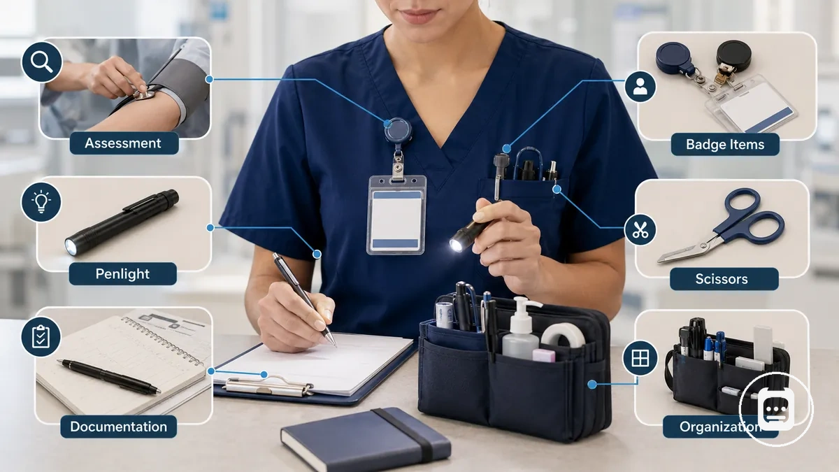 grouped nursing tools including assessment tools, documentation items, badge items, penlight, and scissors used during patient care