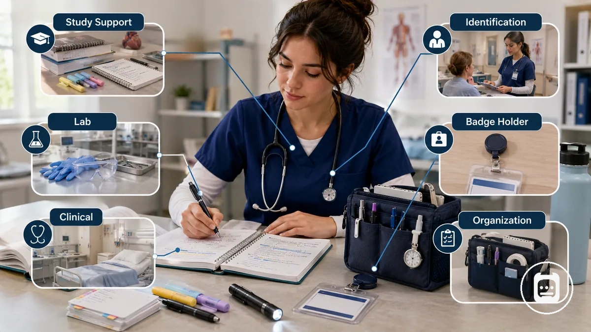 Nursing student accessories supporting study, identification, organization, and clinical preparation