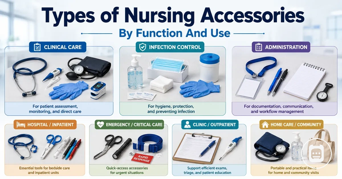 Types of nursing accessories separated by function, use, and workplace role