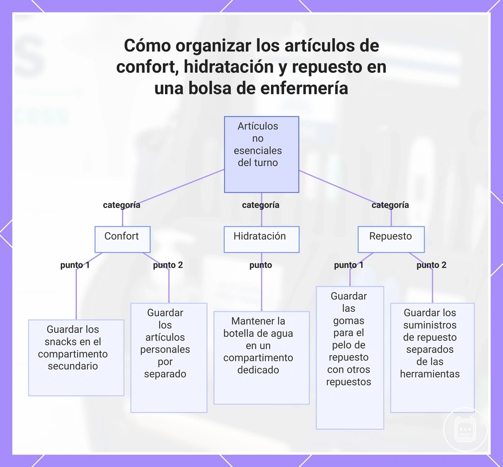 Cómo organizar los artículos de confort, hidratación y repuesto en una bolsa de enfermería