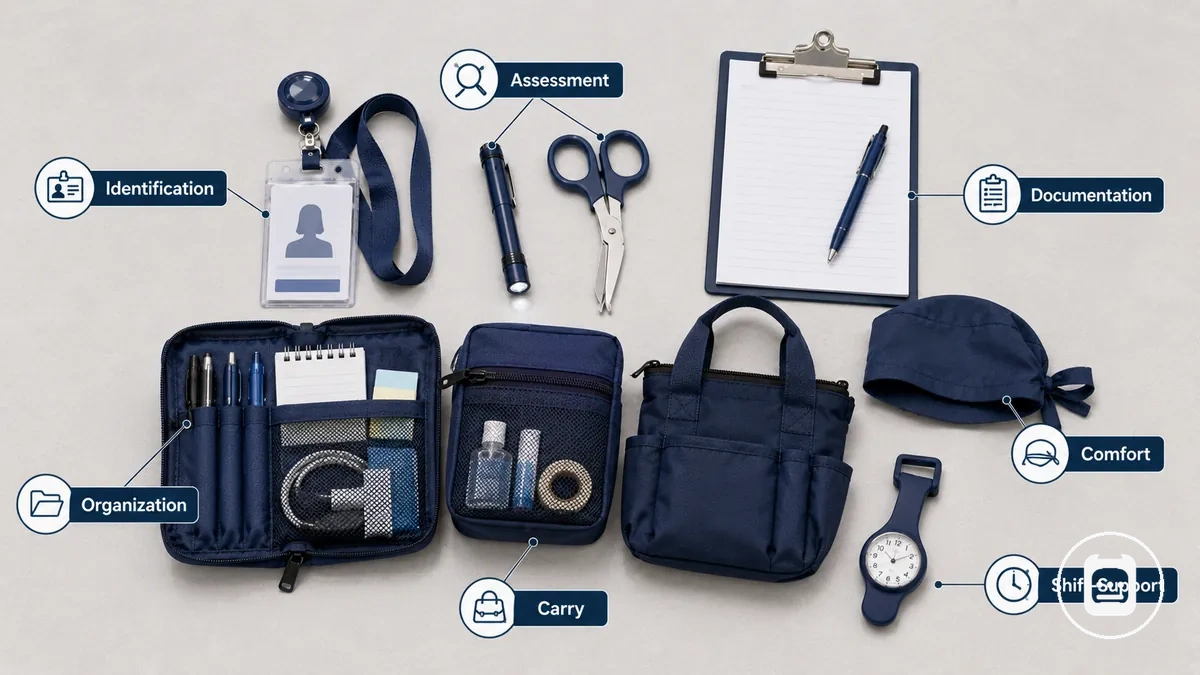 Grupos funcionales de accesorios de enfermería etiquetados según uso en el trabajo