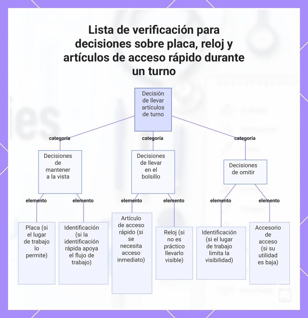 Lista de verificación para decisiones sobre placa, reloj y artículos de acceso rápido durante un turno