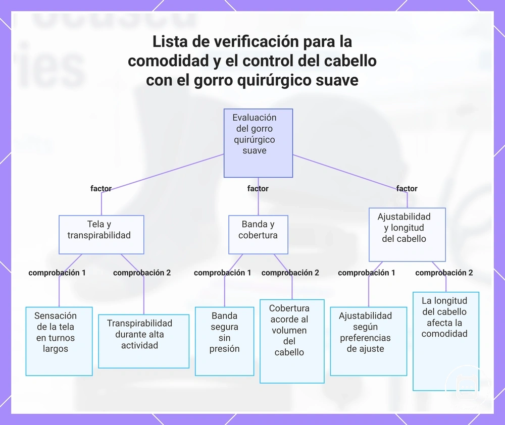Lista de verificación para la comodidad y el control del cabello con el gorro quirúrgico suave