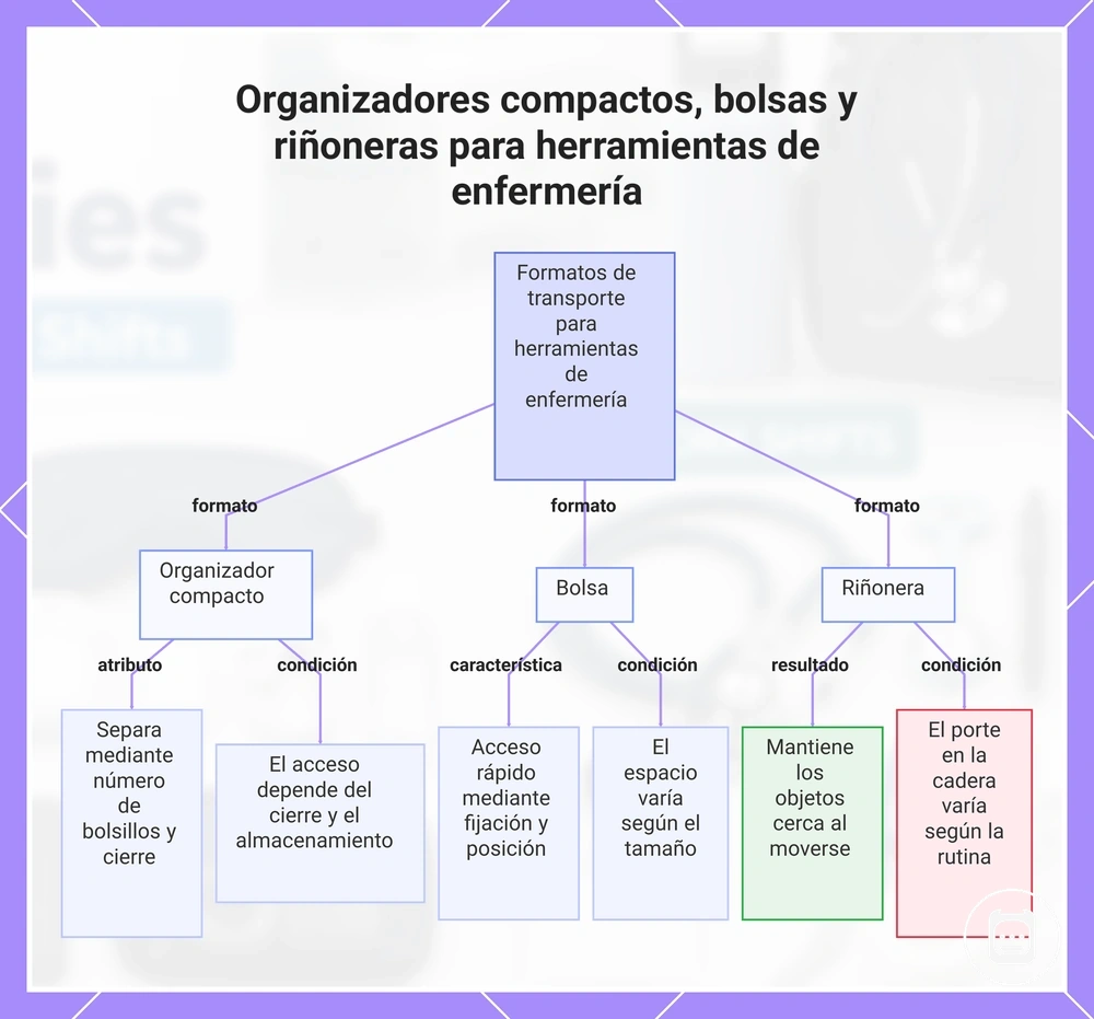 Organizadores compactos, bolsas y riñoneras para herramientas de enfermería