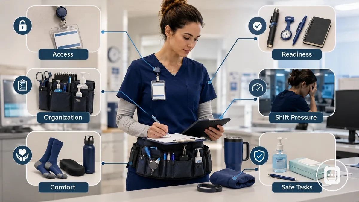 accesorios de enfermería agrupados que muestran funciones de acceso, organización, comodidad y apoyo en turnos de trabajo