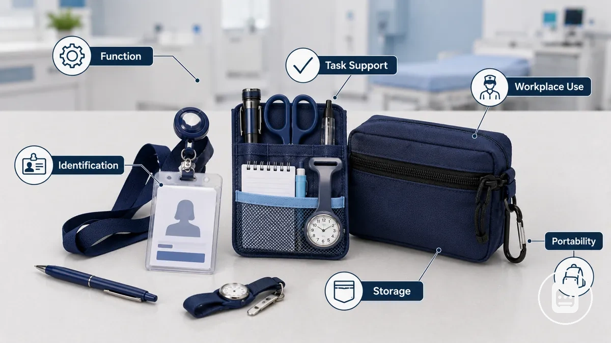 Accesorios de enfermería anotados que muestran los tipos de accesorios según su función