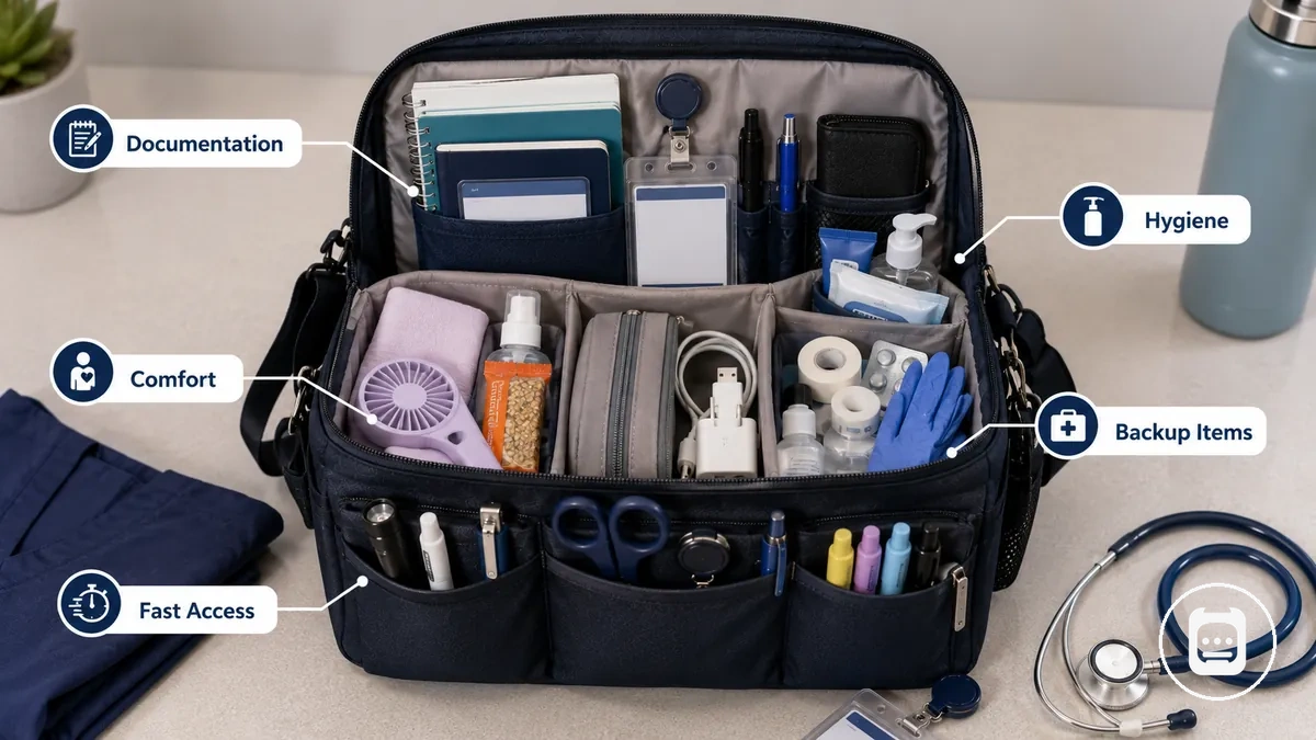 Artículos de trabajo diario organizados dentro de una bolsa de enfermería para uso en turnos