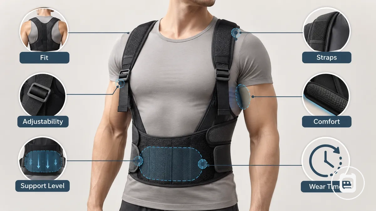 Soporte postural portátil con correas y puntos de ajuste señalados