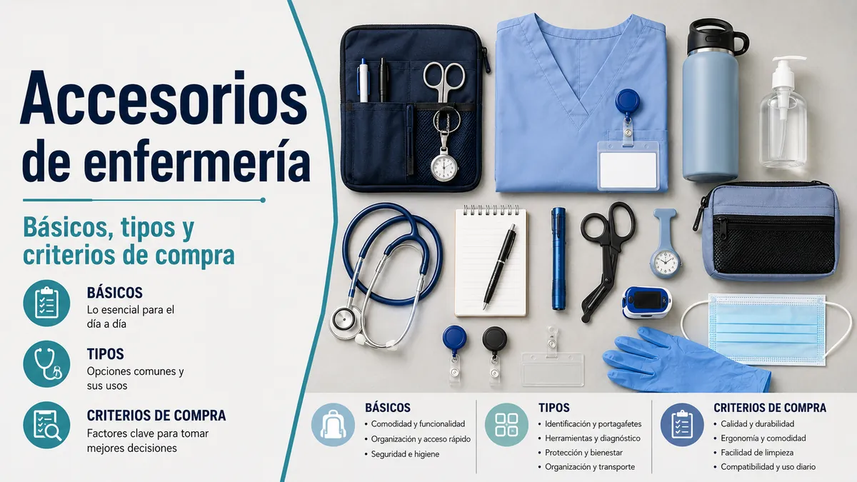 Accesorios de enfermería organizados con básicos de trabajo, herramientas y artículos de uso diario
