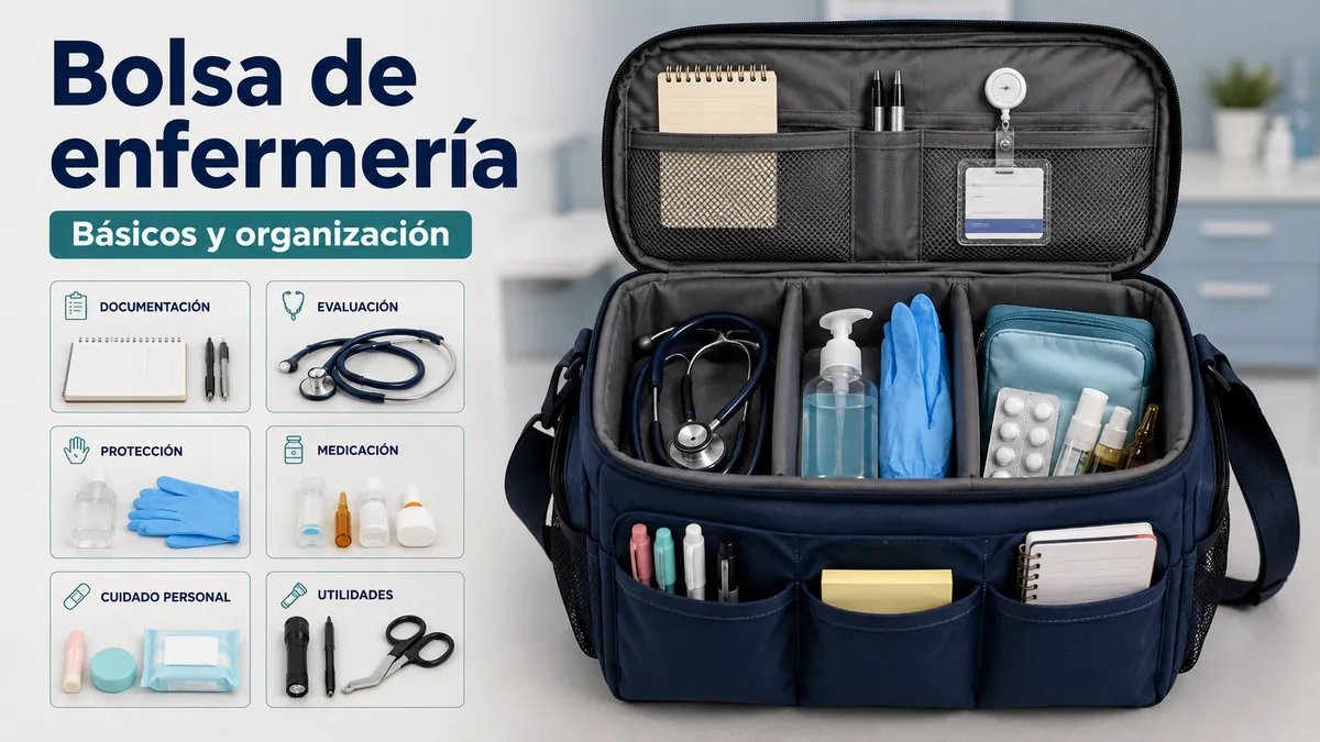 Básicos de bolsa de enfermería organizados en compartimentos para acceder rápido durante los turnos
