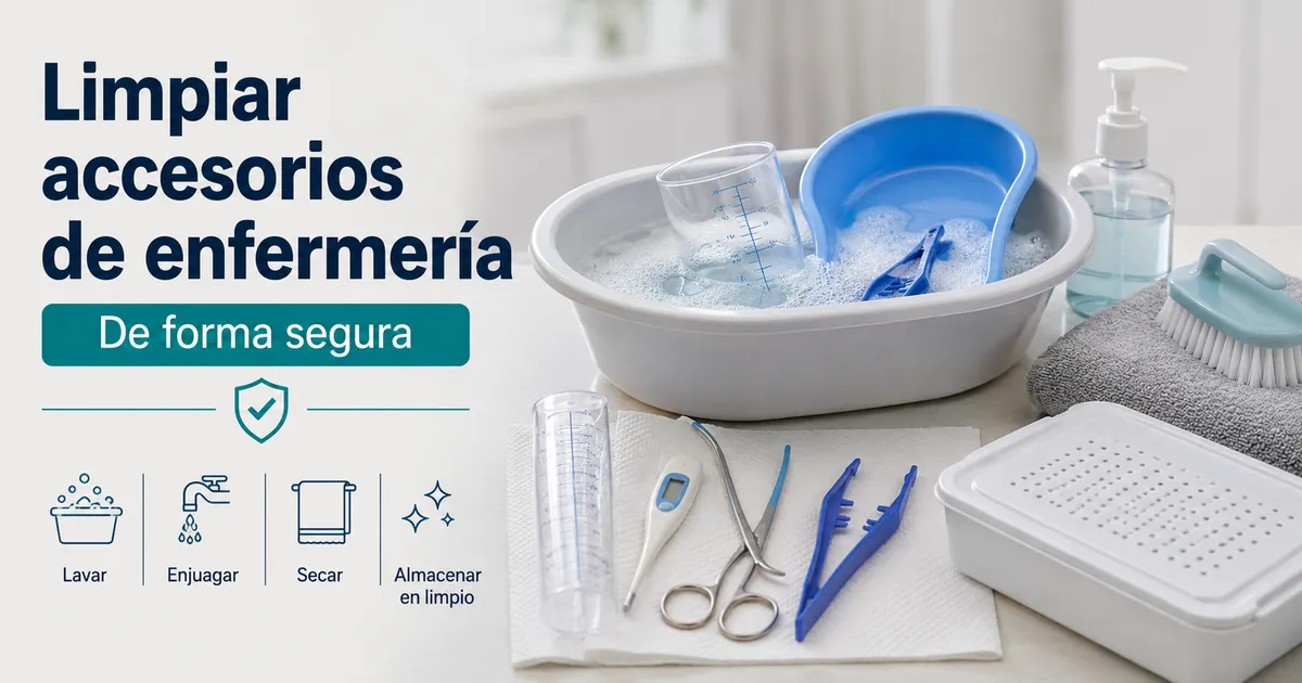 Limpieza segura de accesorios de enfermería con herramientas lavables y artículos de mantenimiento