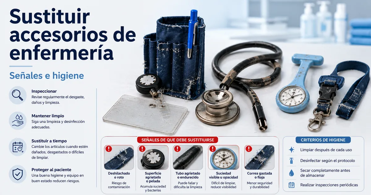 Accesorios de enfermería desgastados con señales de sustitución y criterios de higiene