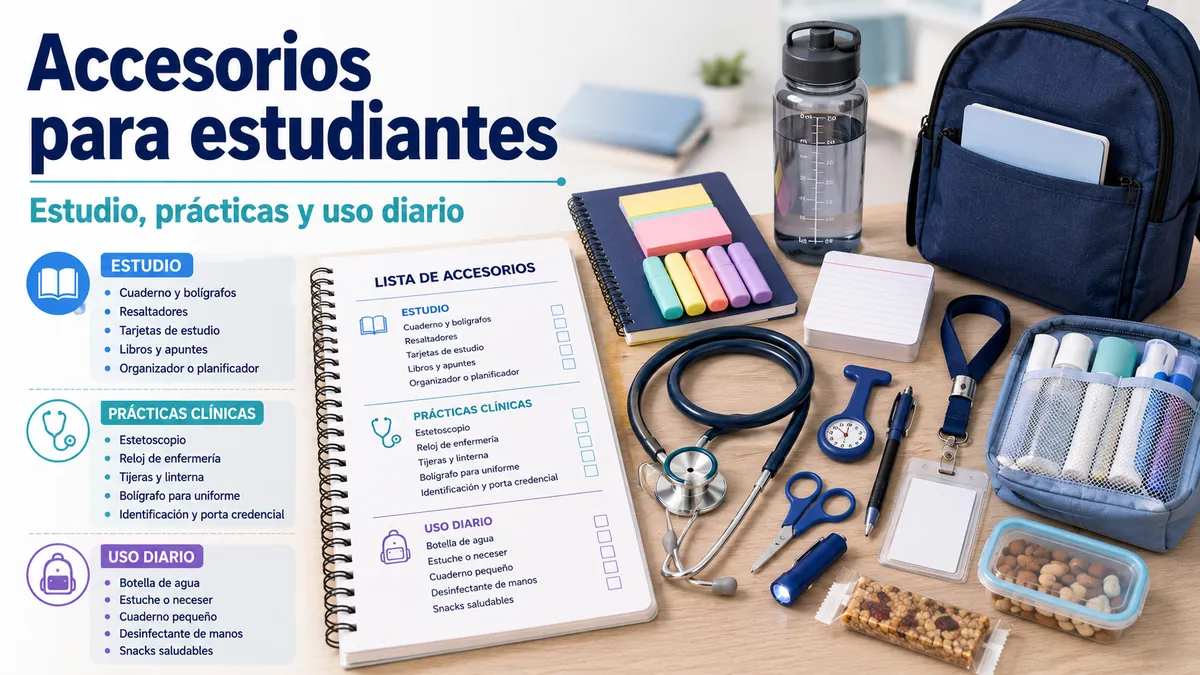 Lista de accesorios para estudiantes de enfermería con artículos de estudio, prácticas clínicas y uso diario