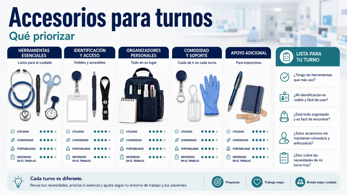 Accesorios de enfermería preparados para un turno de trabajo con herramientas, identificadores y organizadores