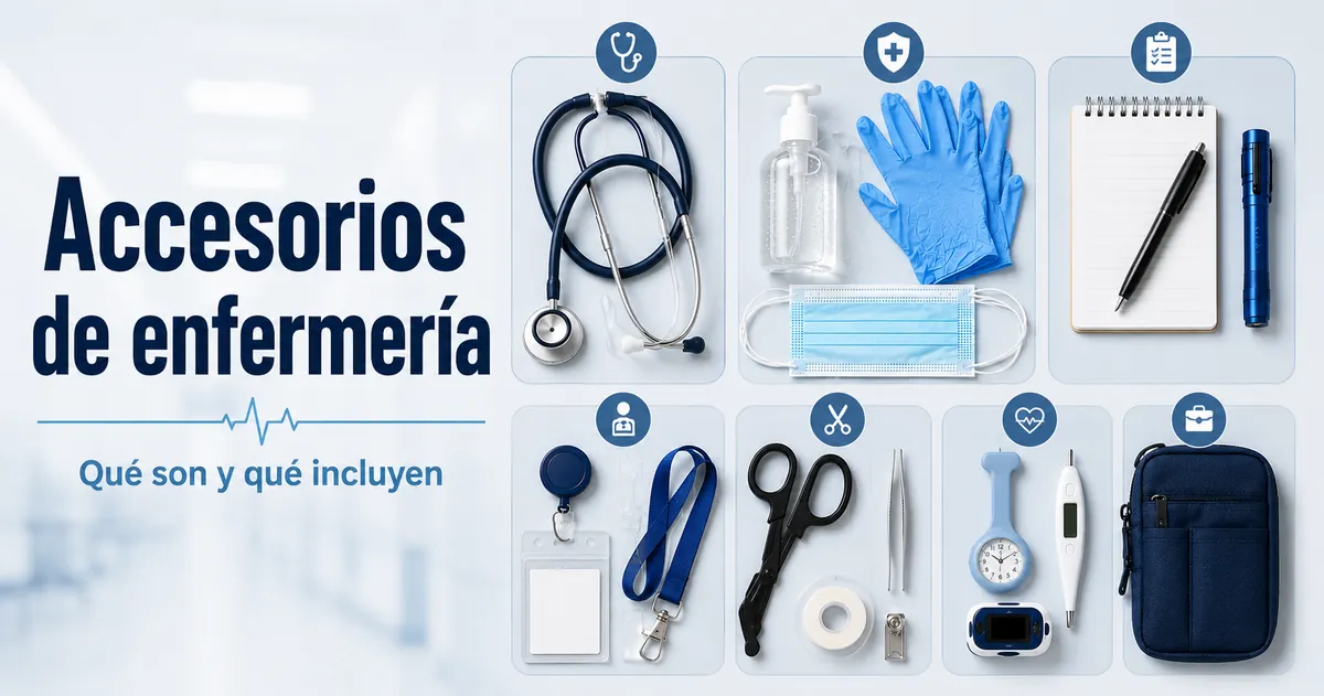 Distintos accesorios de enfermería agrupados por función para explicar qué usan las enfermeras en el trabajo