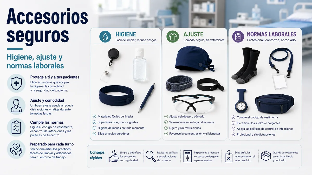 Accesorios de enfermería seguros con criterios de higiene, ajuste y uso en el trabajo