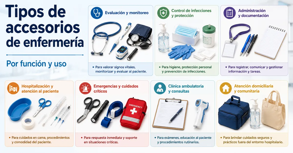 Tipos de accesorios de enfermería separados por función, uso y papel en el trabajo
