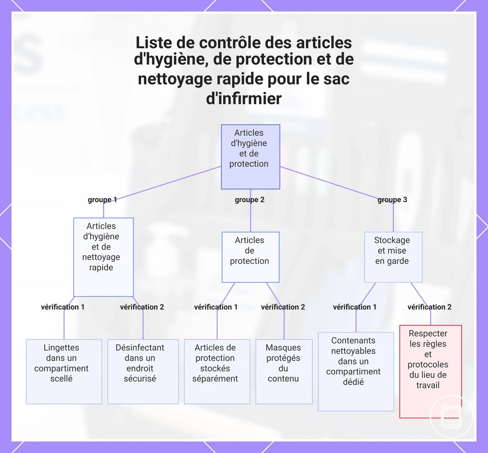 Liste de contrôle des articles d'hygiène, de protection et de nettoyage rapide pour le sac d'infirmier