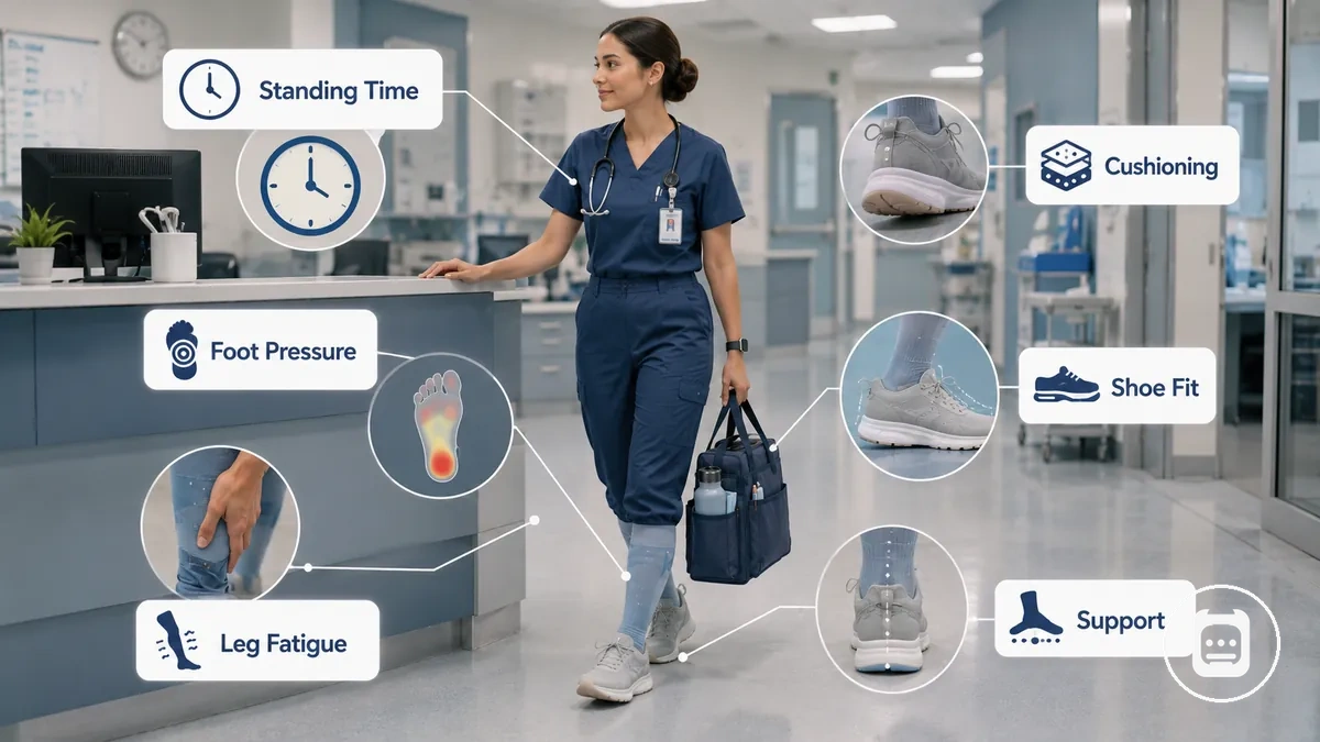 Temps debout, pression du pied et fatigue des jambes illustrés dans un contexte de service infirmier pratique