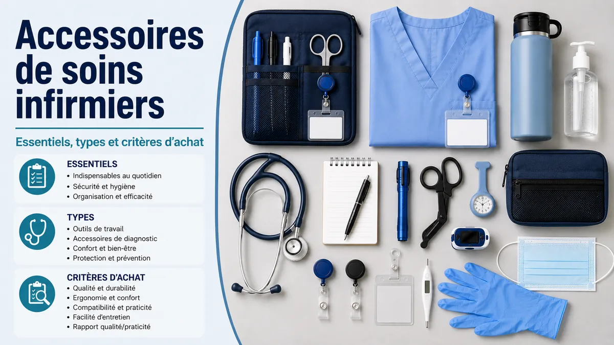 Accessoires de soins infirmiers organisés avec articles de travail, outils et accessoires d’usage quotidien